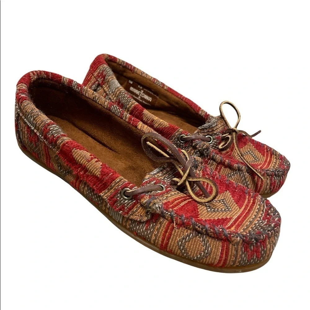 MINNETONKA Women's BAJA Moccasins Textile Slip-On RED/MULTI size 6.5